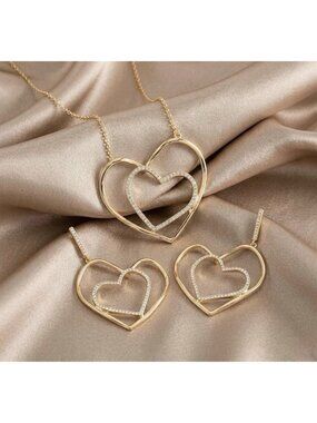 Nice & Bella Heart Necklace Earrings Set Gold Tone Rhinestone NWT